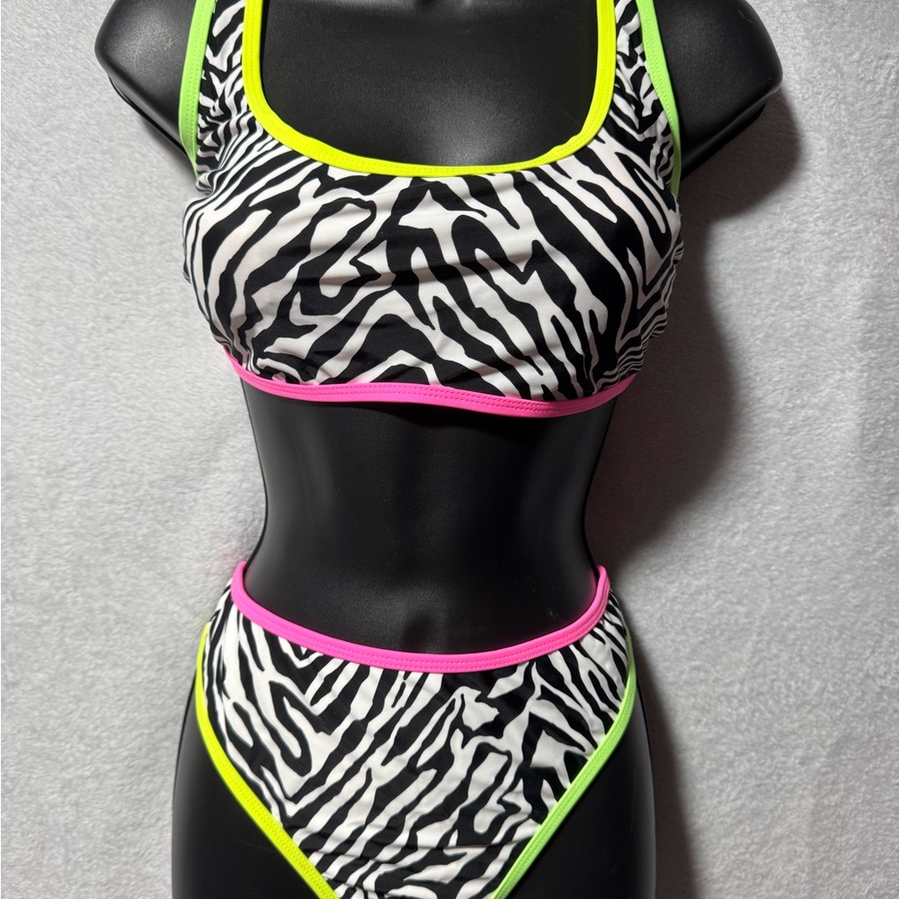 Zebra Print Neon-Trim Two-Piece Swim Set - Black/White with Pink & Lime